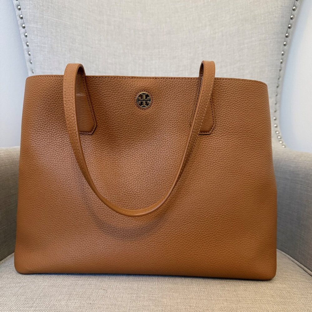 Tory Burch Pebbled Leather Tote in Cognac Brown